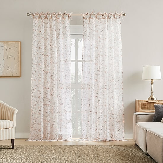 No 918 Lioren Tonal Floral Tie Top Sheer Set of 2 Curtain Panel