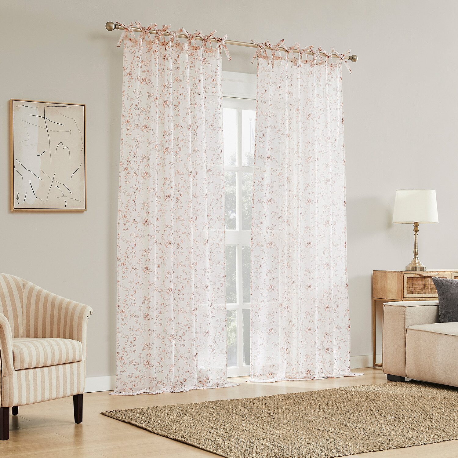 No 918 Lioren Tonal Floral Sheer Tab Top Set of 2 Curtain Panel