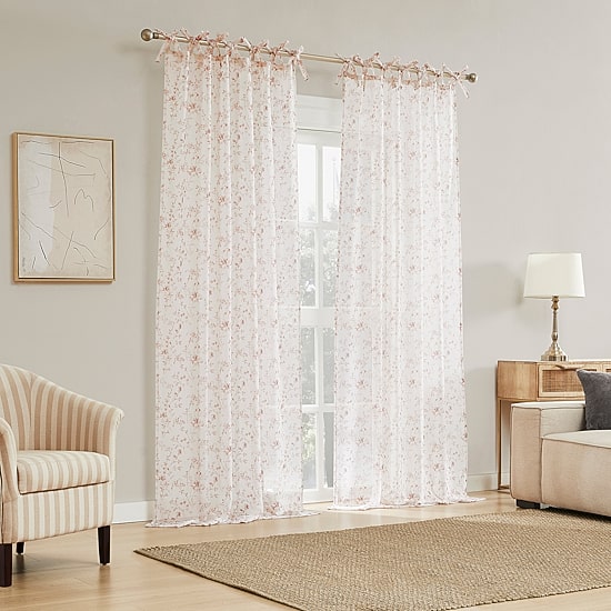 No 918 Lioren Tonal Floral Tie Top Sheer Set of 2 Curtain Panel