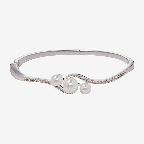 Sparkle Allure Womens Cubic Zirconia Simulated Pearl Pure Silver Over Brass Round Bangle Bracelet