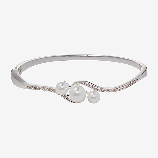 Sparkle Allure Womens Cubic Zirconia Simulated Pearl Pure Silver Over Brass Round Bangle Bracelet