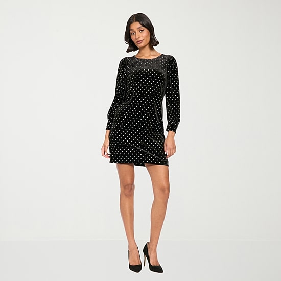 London Style Womens Round Neck Long Sleeve Embellished Dots Shift Dress
