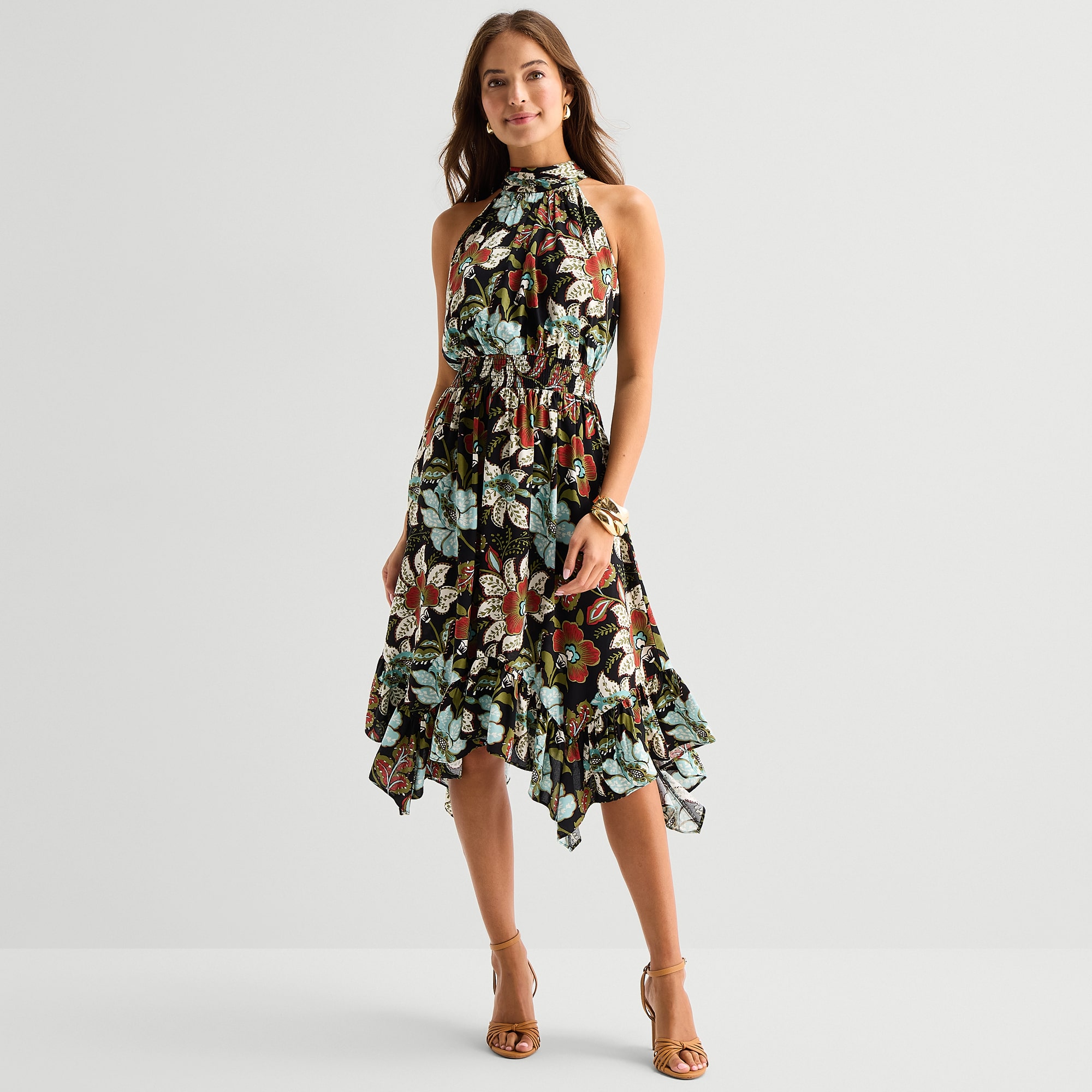 MSK Womens Midi Mock Neck Sleeveless Floral Fit + Flare Dress