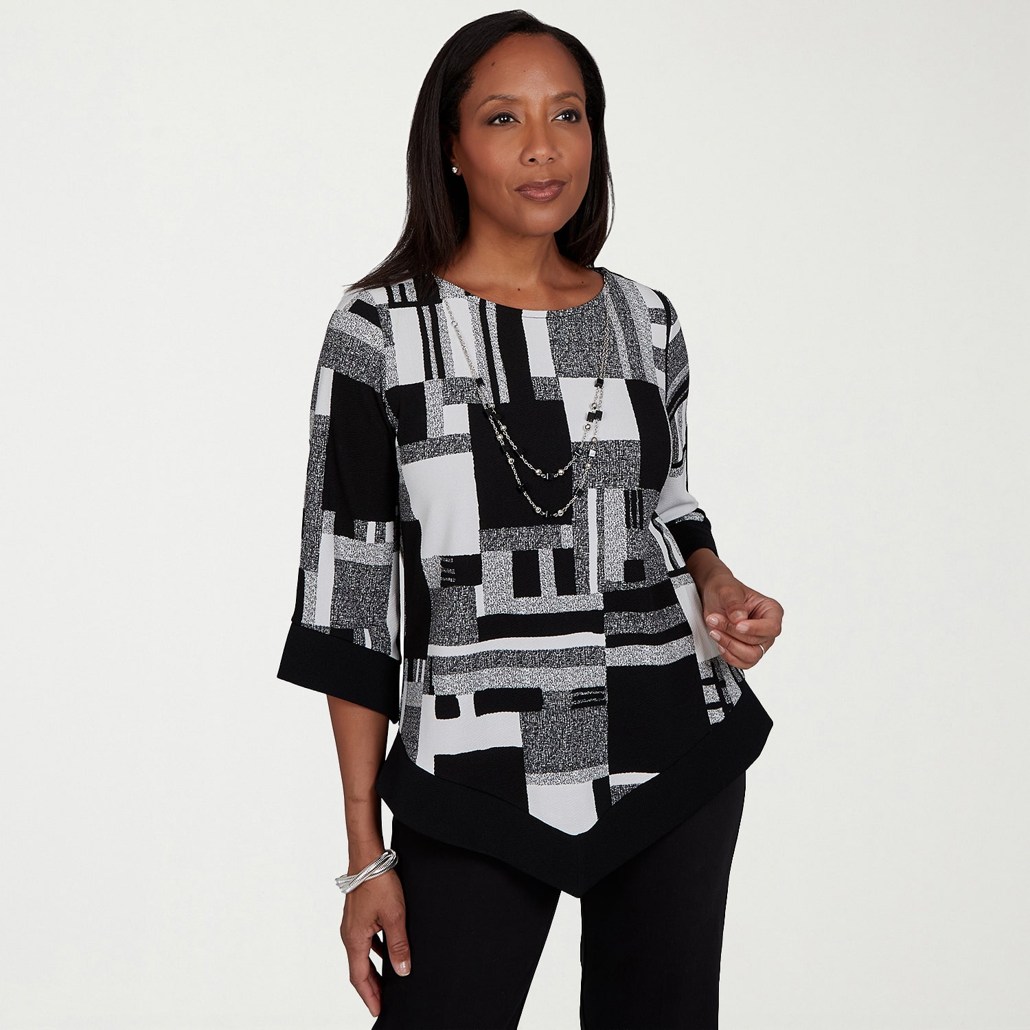 Alfred Dunner Dinner Theater Womens Crew Neck 3/4 Sleeve T-Shirt
