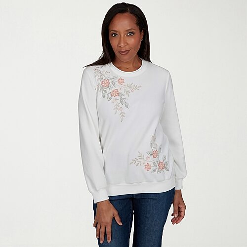 Alfred Dunner Womens Crew Neck Long Sleeve Sweatshirt In White