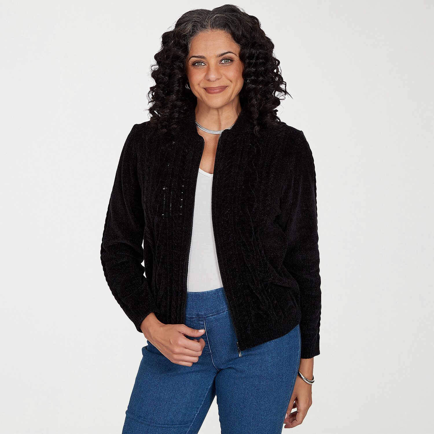 Alfred Dunner Womens Long Sleeve Zipper Cardigan