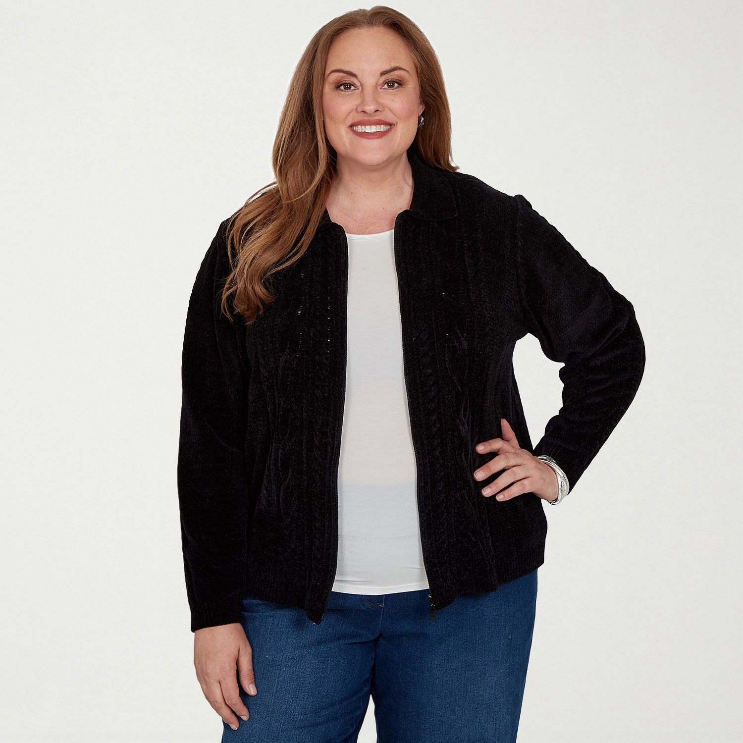 Alfred Dunner Womens Long Sleeve Zipper Plus Cardigan