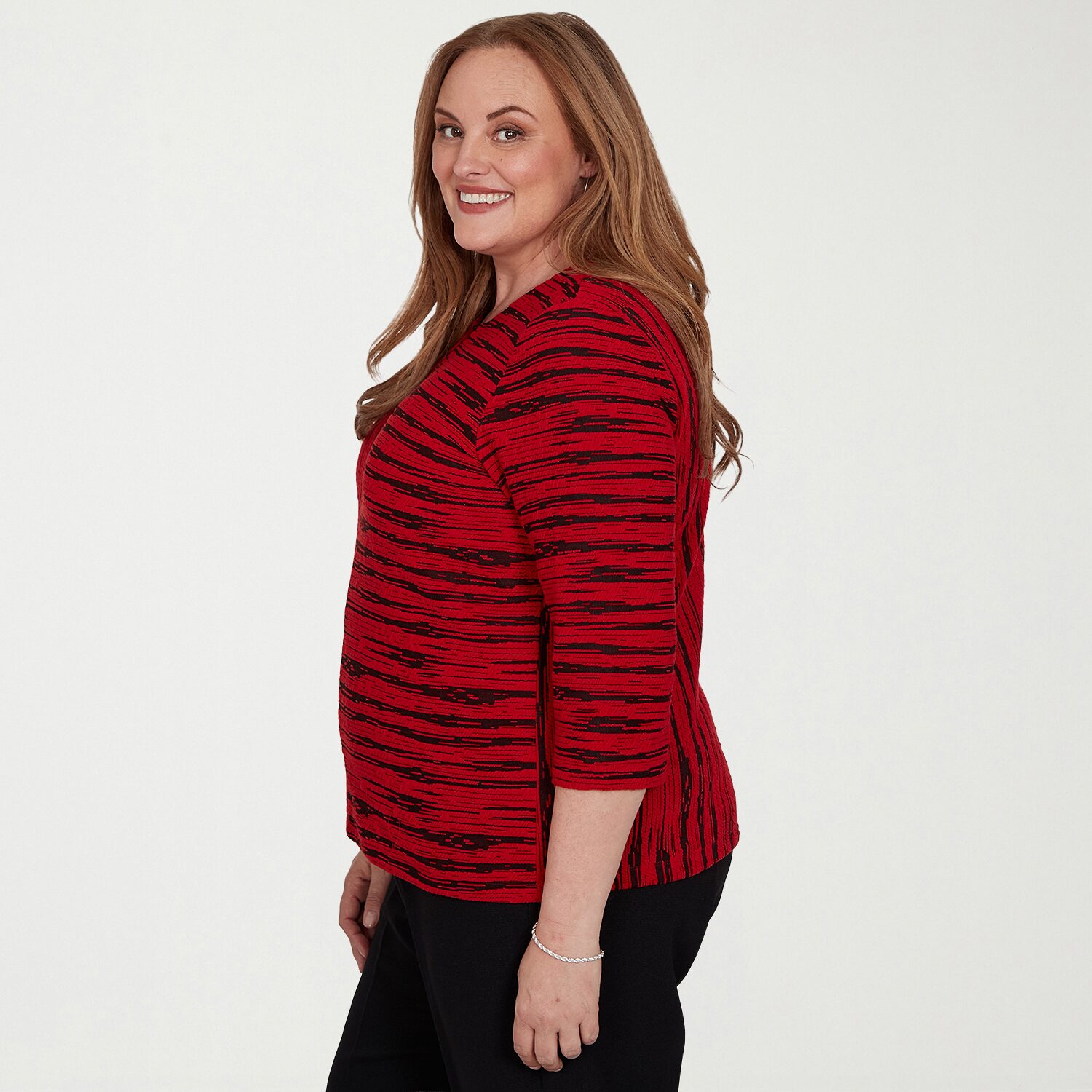 Alfred Dunner Dinner Theater Womens Plus Split Crew Neck 3/4 Sleeve T-Shirt