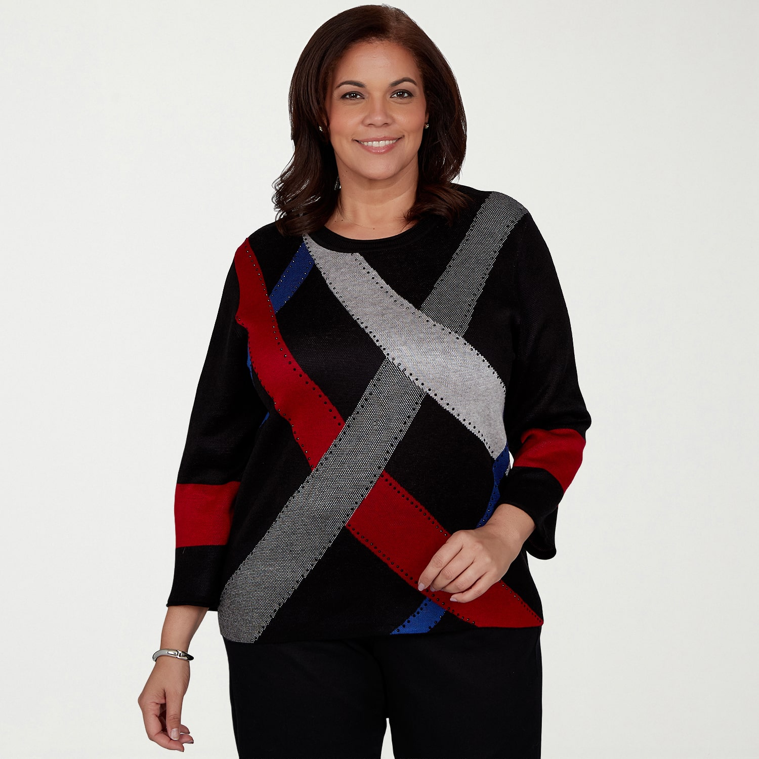 Alfred Dunner Plus Dinner Theater Womens Crew Neck 3/4 Sleeve Pullover Sweater