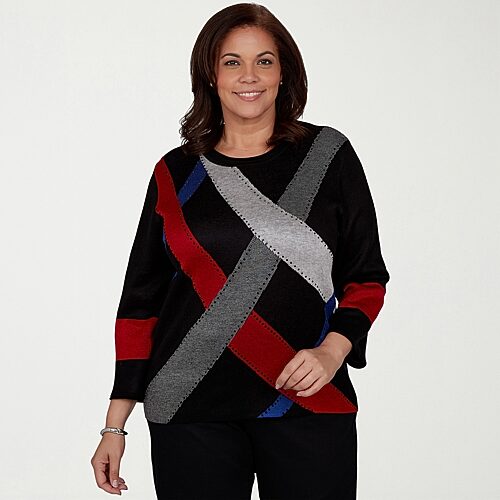 Alfred Dunner Plus Dinner Theater Womens Crew Neck 3/4 Sleeve Pullover Sweater In Black