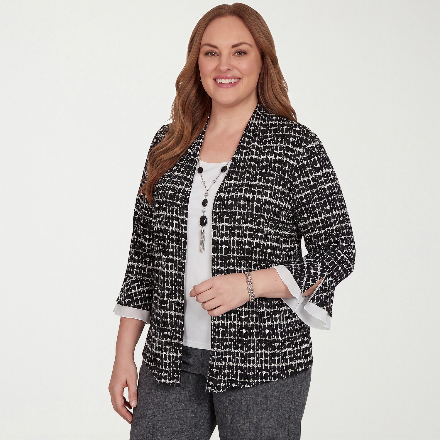Alfred Dunner Dinner Theater Womens Plus Round Neck 3/4 Sleeve Layered Top