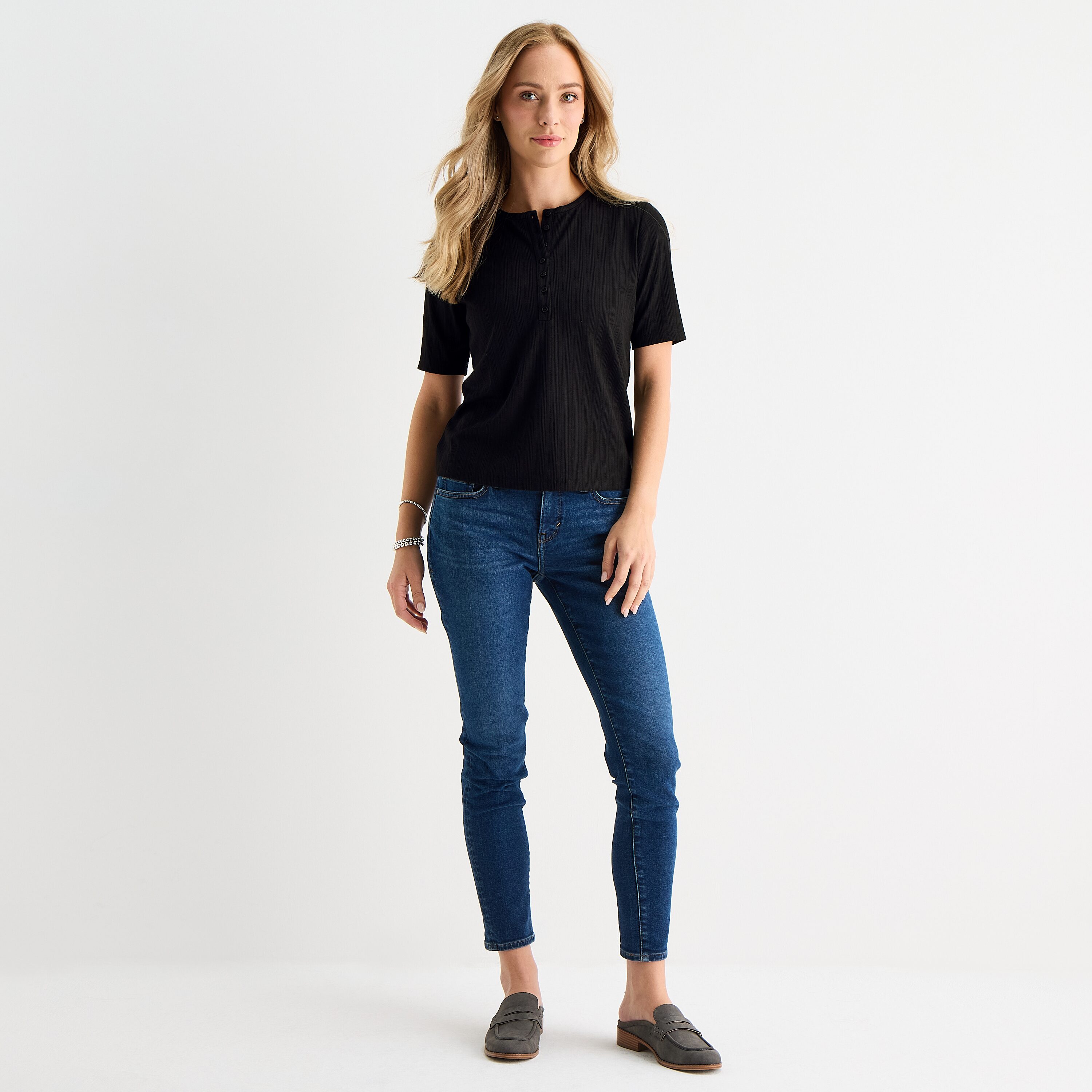 Liz Claiborne Womens Petite Elbow Sleeve Regular Fit Henley Shirt