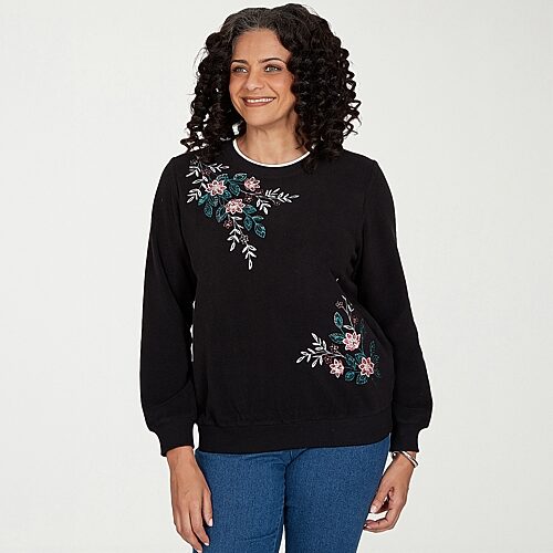Alfred Dunner Womens Crew Neck Long Sleeve Sweatshirt In Black