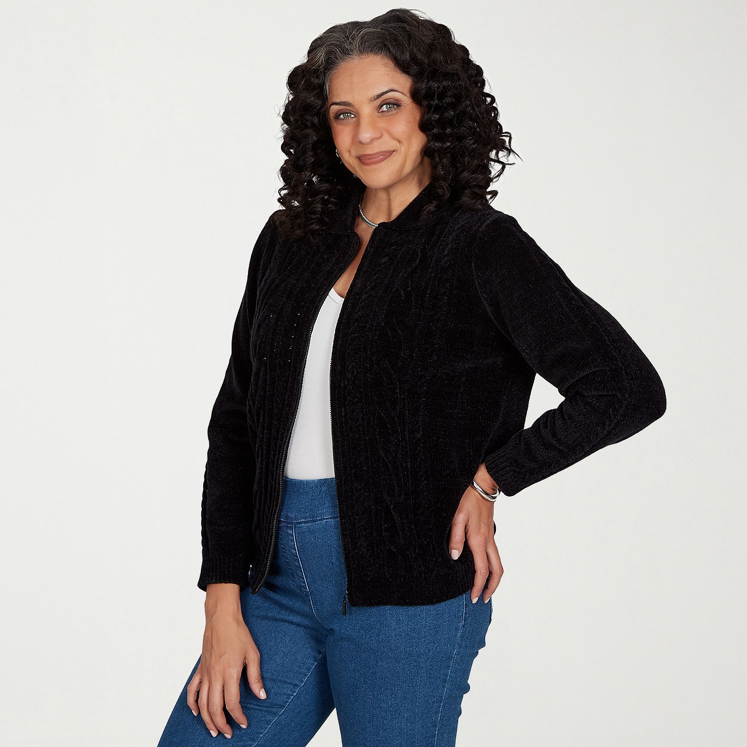 Alfred Dunner Womens Long Sleeve Zipper Cardigan