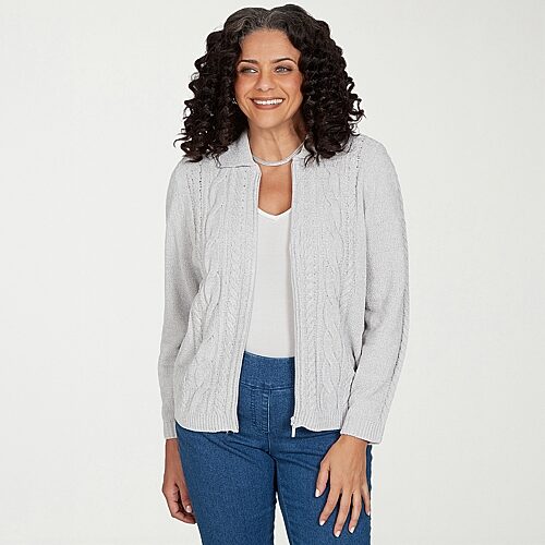 Alfred Dunner Womens Long Sleeve Zipper Cardigan In Gray