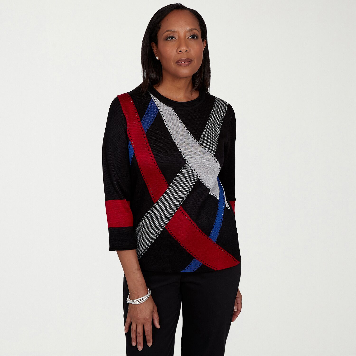 Alfred Dunner Dinner Theater Womens Crew Neck 3/4 Sleeve Pullover Sweater