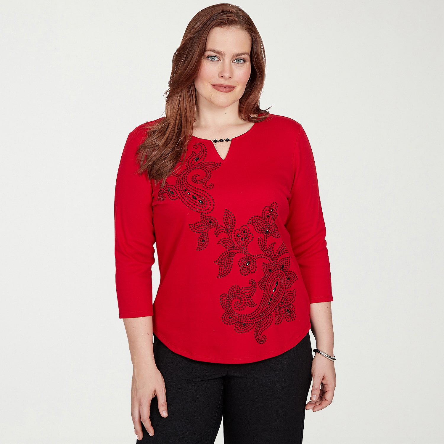 Alfred Dunner Dinner Theater Womens Keyhole Neck 3/4 Sleeve T-Shirt