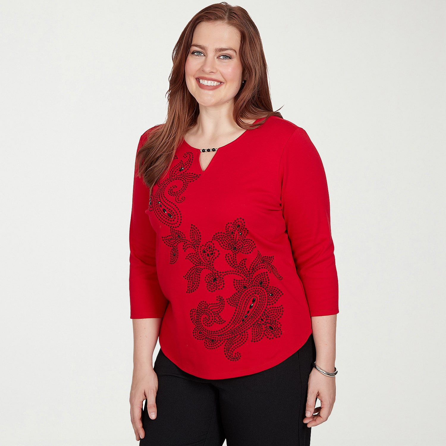 Alfred Dunner Dinner Theater Womens Keyhole Neck 3/4 Sleeve T-Shirt