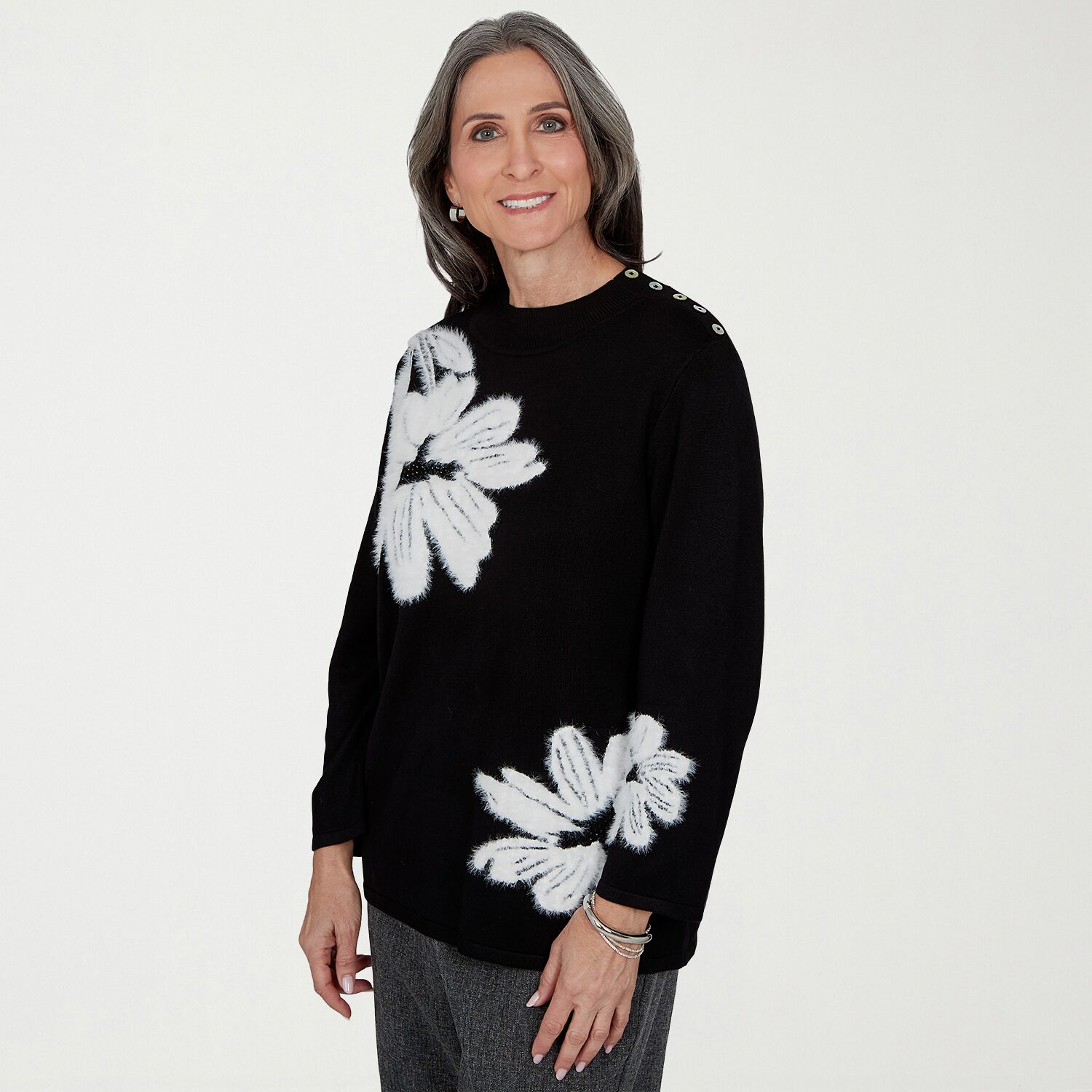 Alfred Dunner Dinner Theater Womens Mock Neck 3/4 Sleeve Floral Pullover Sweater
