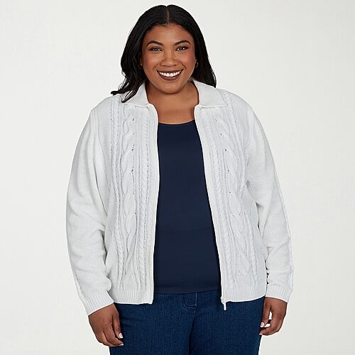 Alfred Dunner Womens Long Sleeve Zipper Plus Cardigan In White