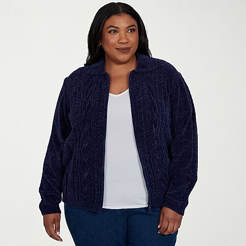 Alfred Dunner Womens Long Sleeve Zipper Plus Cardigan In Blue