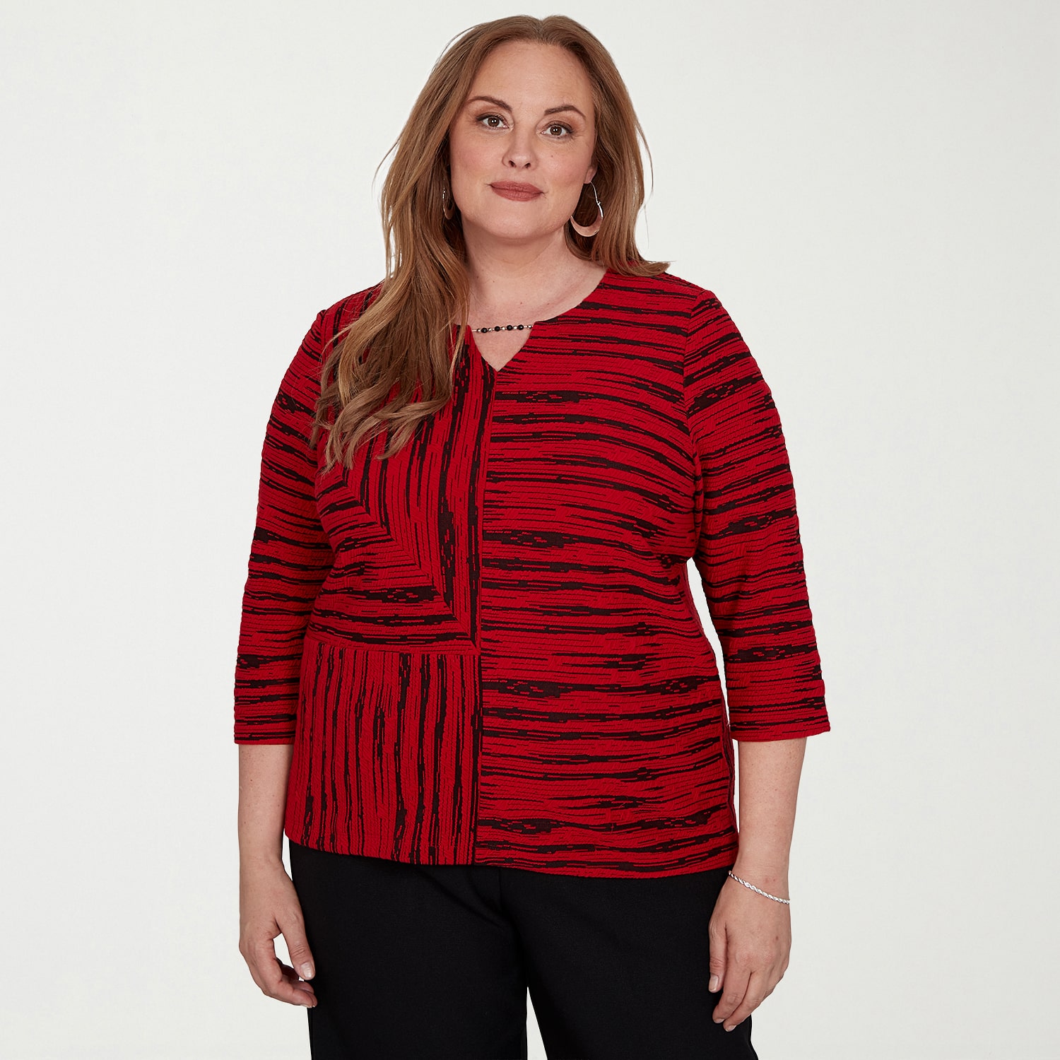 Alfred Dunner Dinner Theater Womens Plus Split Crew Neck 3/4 Sleeve T-Shirt