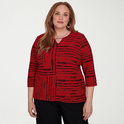 Alfred Dunner Dinner Theater Womens Plus Split Crew Neck 3/4 Sleeve T-Shirt, 3x, Red