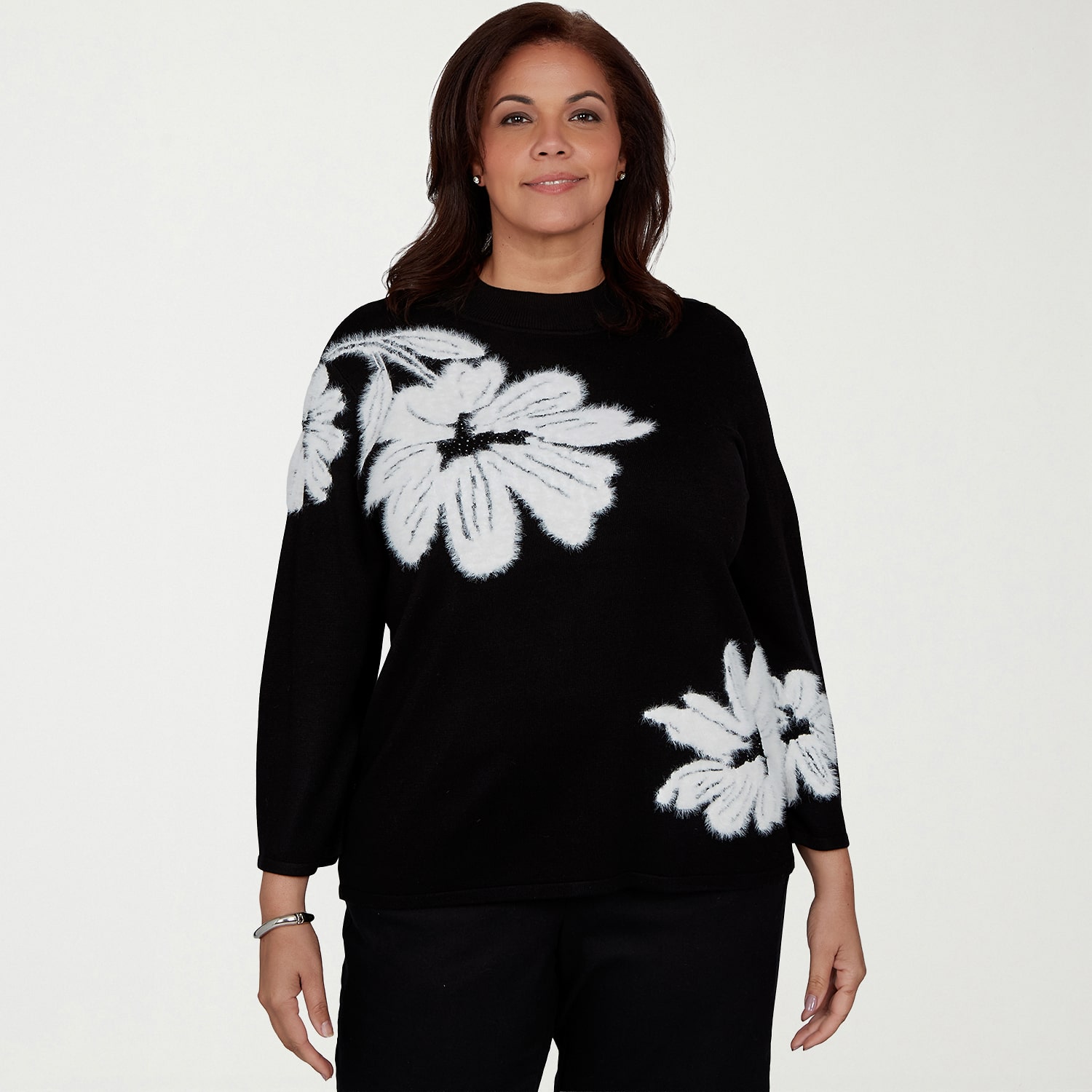 Alfred Dunner Plus Dinner Theater Womens Mock Neck 3/4 Sleeve Floral Pullover Sweater