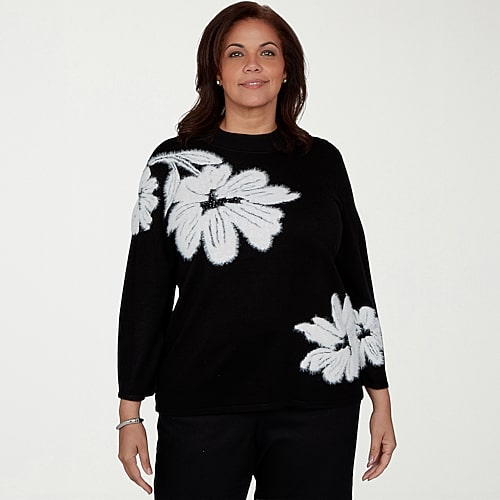 Alfred Dunner Plus Dinner Theater Womens Mock Neck 3/4 Sleeve Floral Pullover Sweater In Black