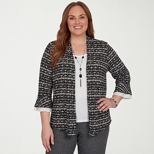 Alfred Dunner Dinner Theater Womens Plus Round Neck 3/4 Sleeve Layered Top, 2x, Black