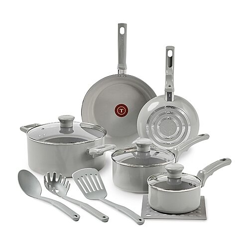 T-fal Ceramic 12-pc. Non-stick Cookware Set In Gray