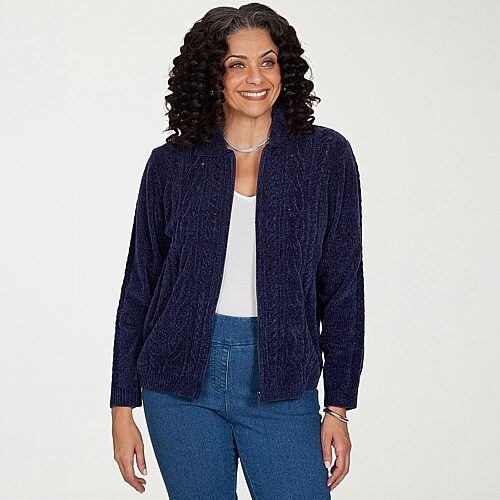 Alfred Dunner Womens Long Sleeve Zipper Cardigan In Blue