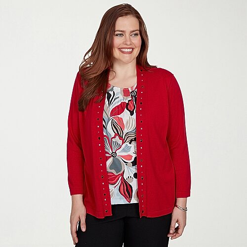 Alfred Dunner Dinner Theater Womens Crew Neck 3/4 Sleeve Floral Layered Sweater In Red