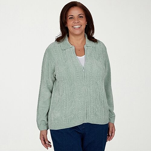 Alfred Dunner Womens Long Sleeve Zipper Plus Cardigan In Green