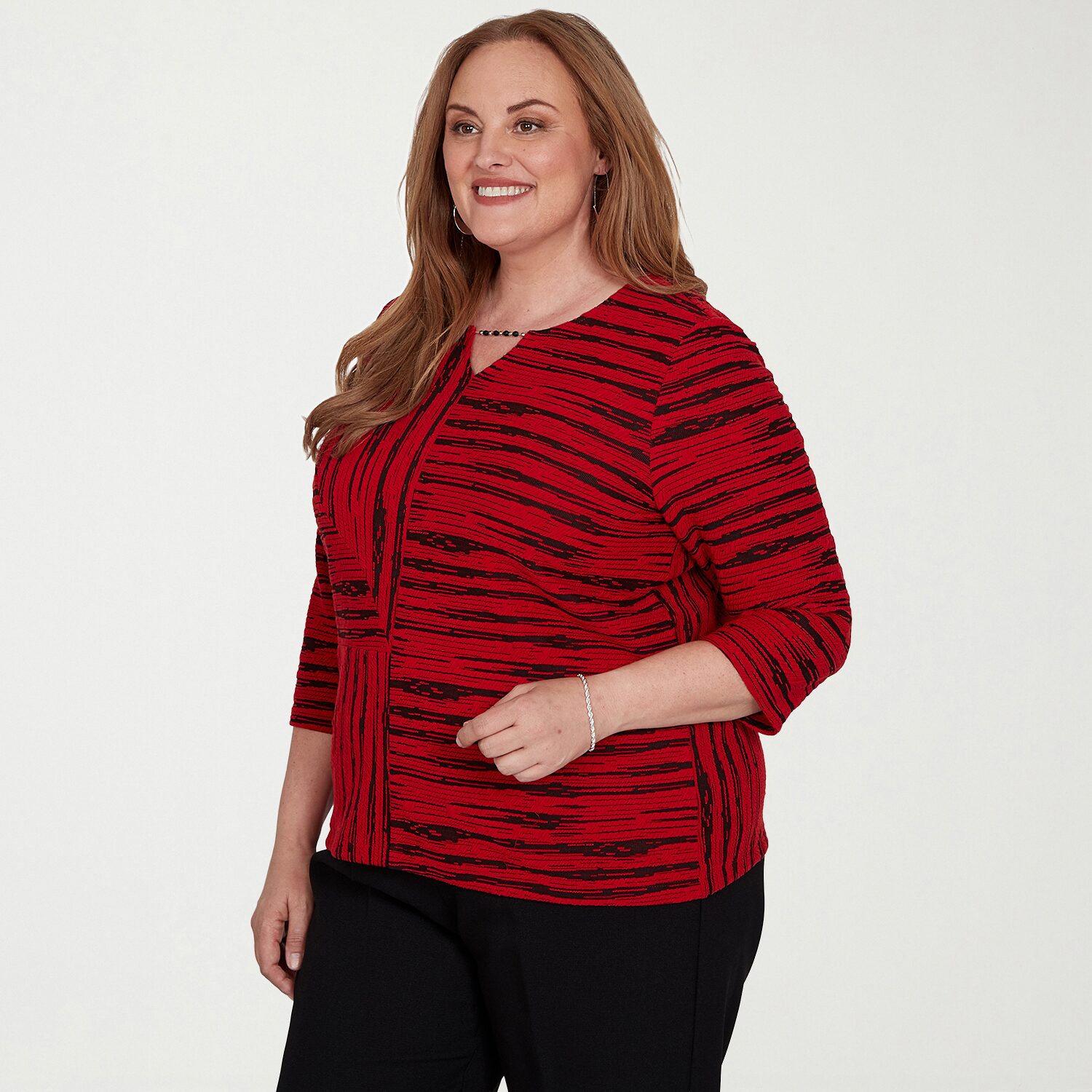 Alfred Dunner Dinner Theater Womens Plus Split Crew Neck 3/4 Sleeve T-Shirt