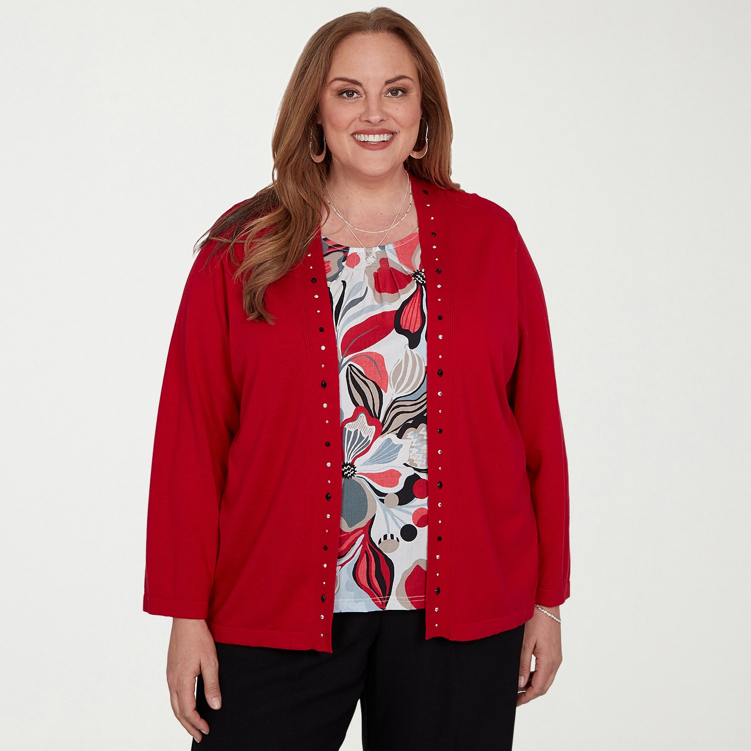 Alfred Dunner Dinner Theater Womens 3/4 Sleeve Floral Layered Sweater Plus