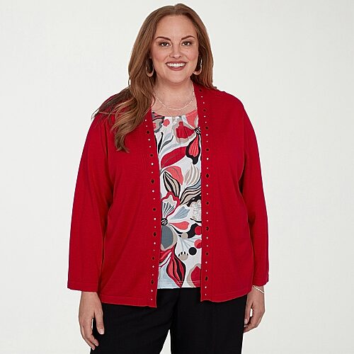 Alfred Dunner Dinner Theater Womens 3/4 Sleeve Floral Layered Sweater Plus In Red