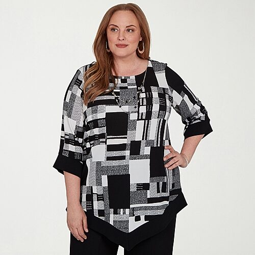 Alfred Dunner Dinner Theater Womens Plus Crew Neck 3/4 Sleeve T-Shirt, 3x, Black