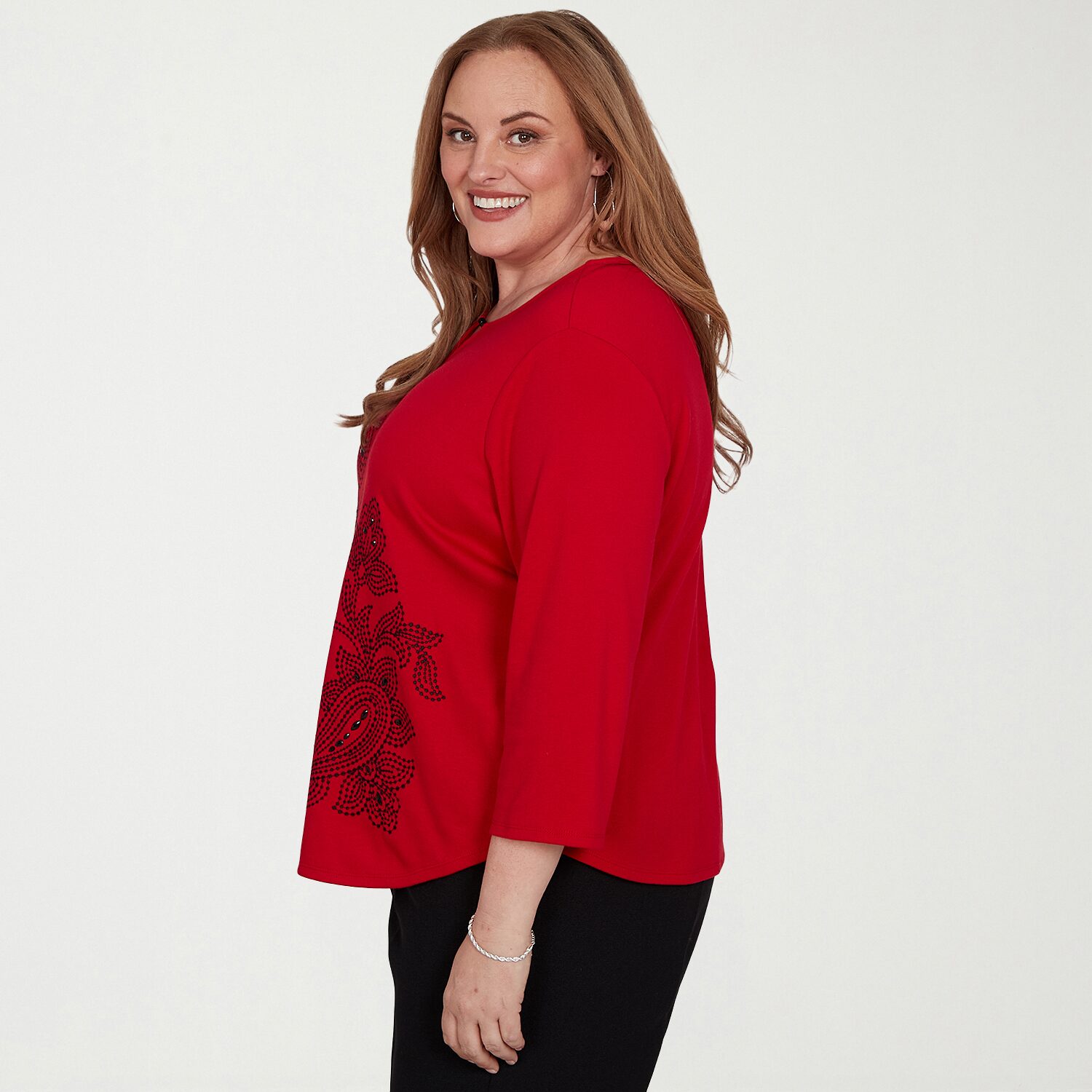 Alfred Dunner Dinner Theater Womens Plus Keyhole Neck 3/4 Sleeve T-Shirt