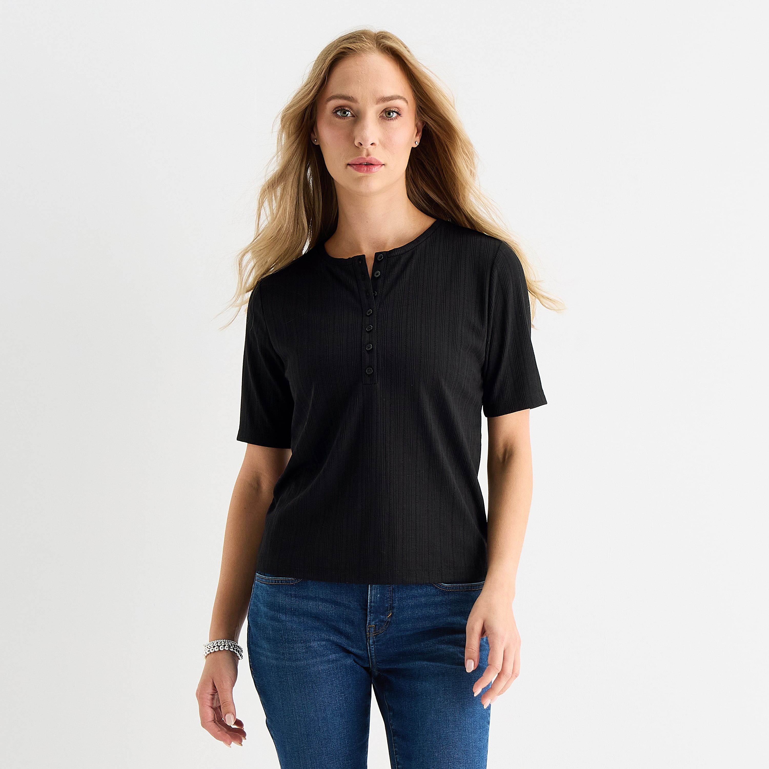 Liz Claiborne Womens Petite Elbow Sleeve Regular Fit Henley Shirt