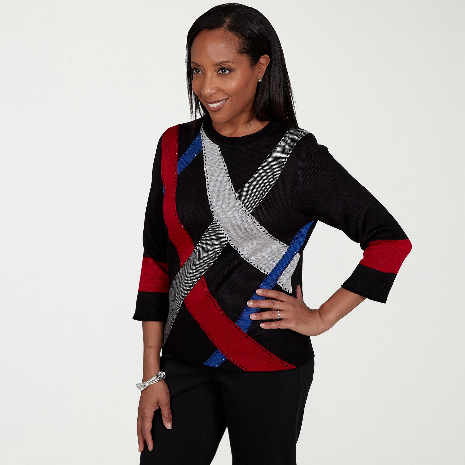 Alfred Dunner Dinner Theater Womens Crew Neck 3/4 Sleeve Pullover Sweater