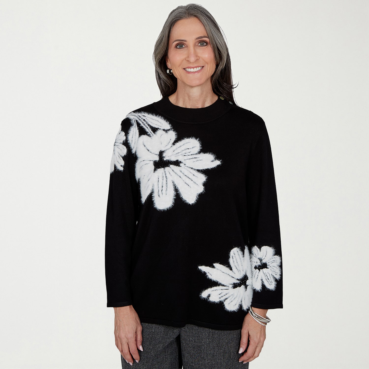 Alfred Dunner Dinner Theater Womens Mock Neck 3/4 Sleeve Floral Pullover Sweater