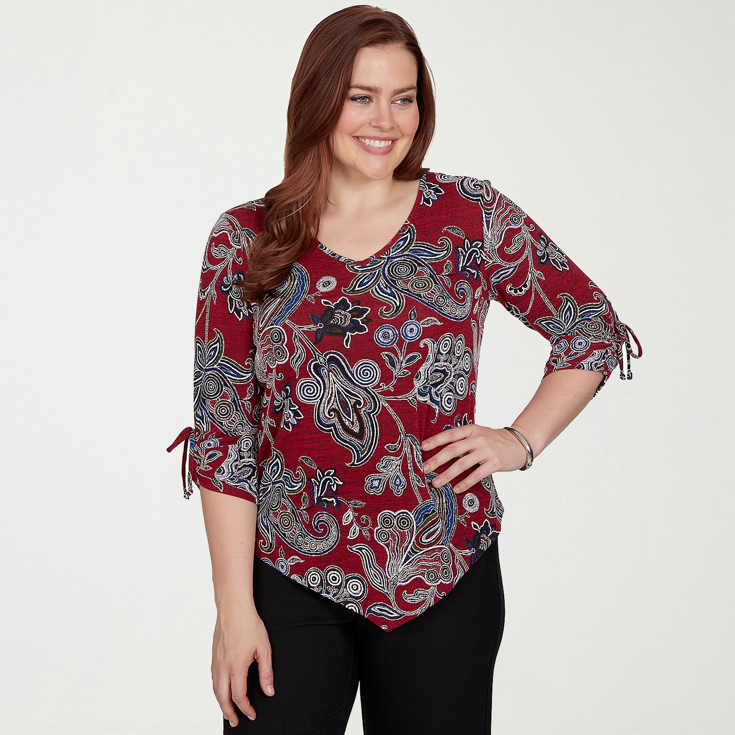 Alfred Dunner Dinner Theater Womens V Neck 3/4 Sleeve T-Shirt