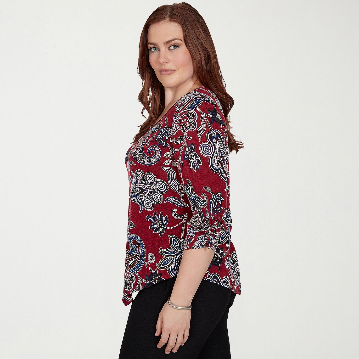 Alfred Dunner Dinner Theater Womens V Neck 3/4 Sleeve T-Shirt