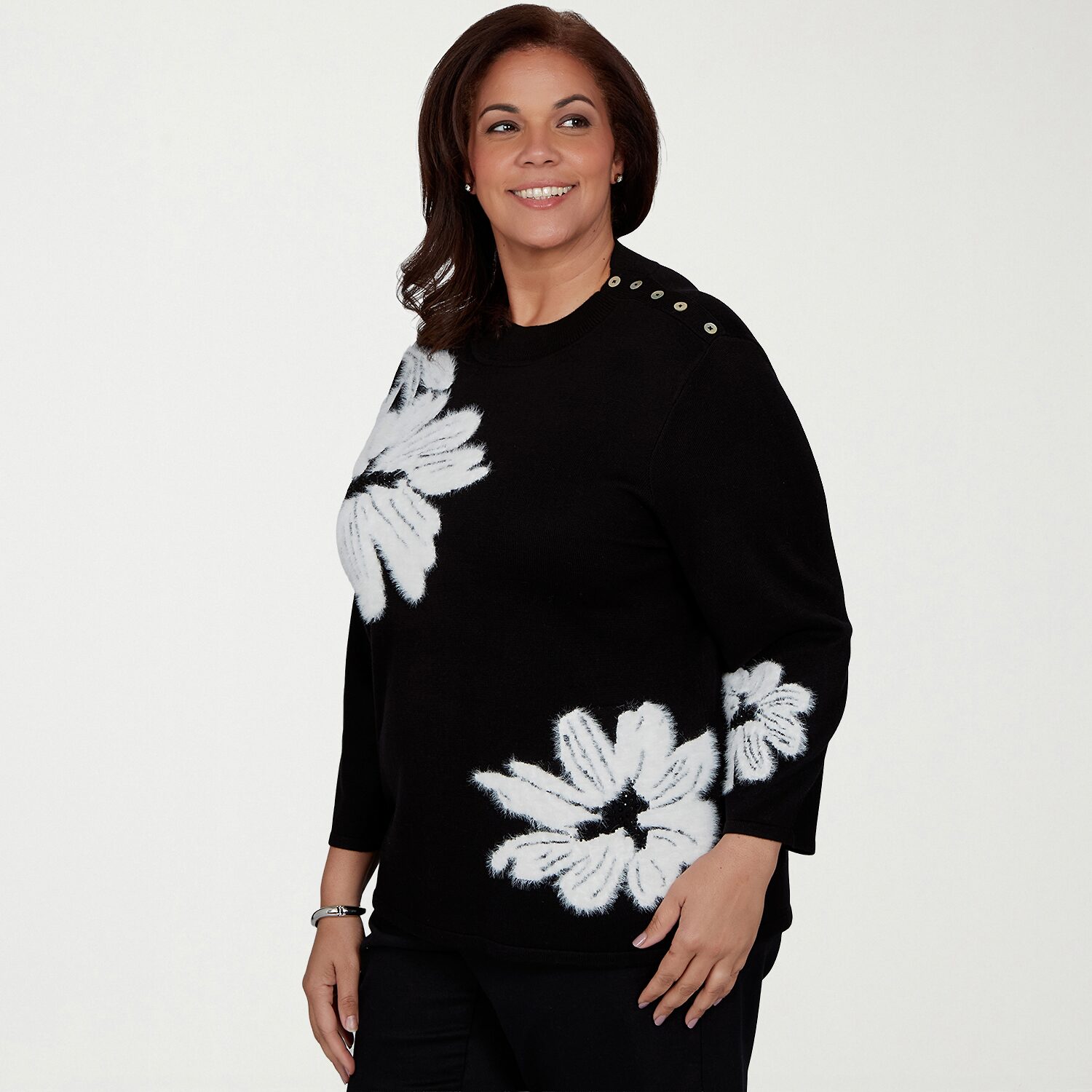 Alfred Dunner Plus Dinner Theater Womens Mock Neck 3/4 Sleeve Floral Pullover Sweater