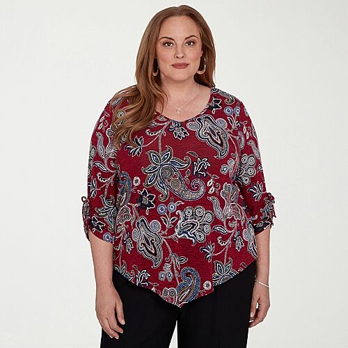 Alfred Dunner Dinner Theater Womens Plus V Neck 3/4 Sleeve T-Shirt, 3x, Red