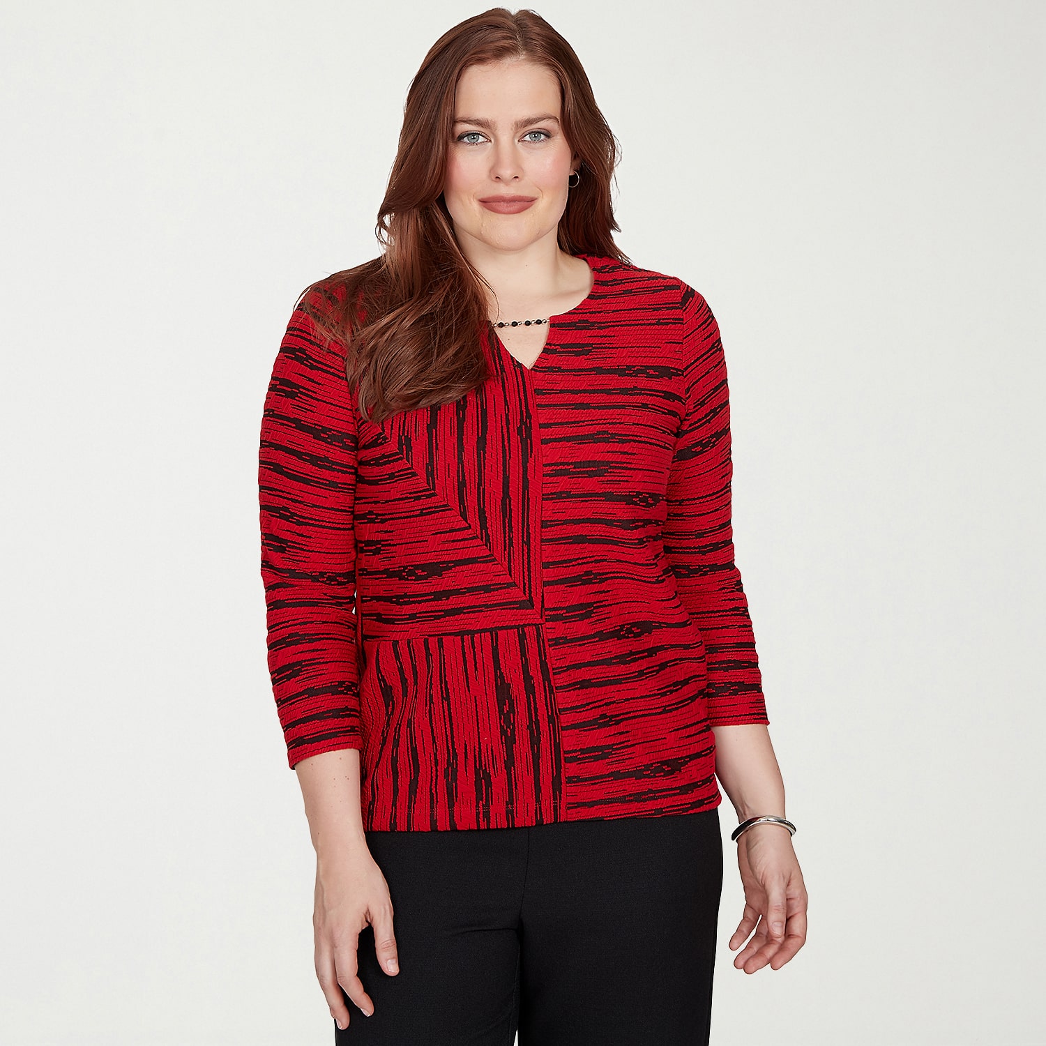 Alfred Dunner Dinner Theater Womens Keyhole Neck 3/4 Sleeve T-Shirt