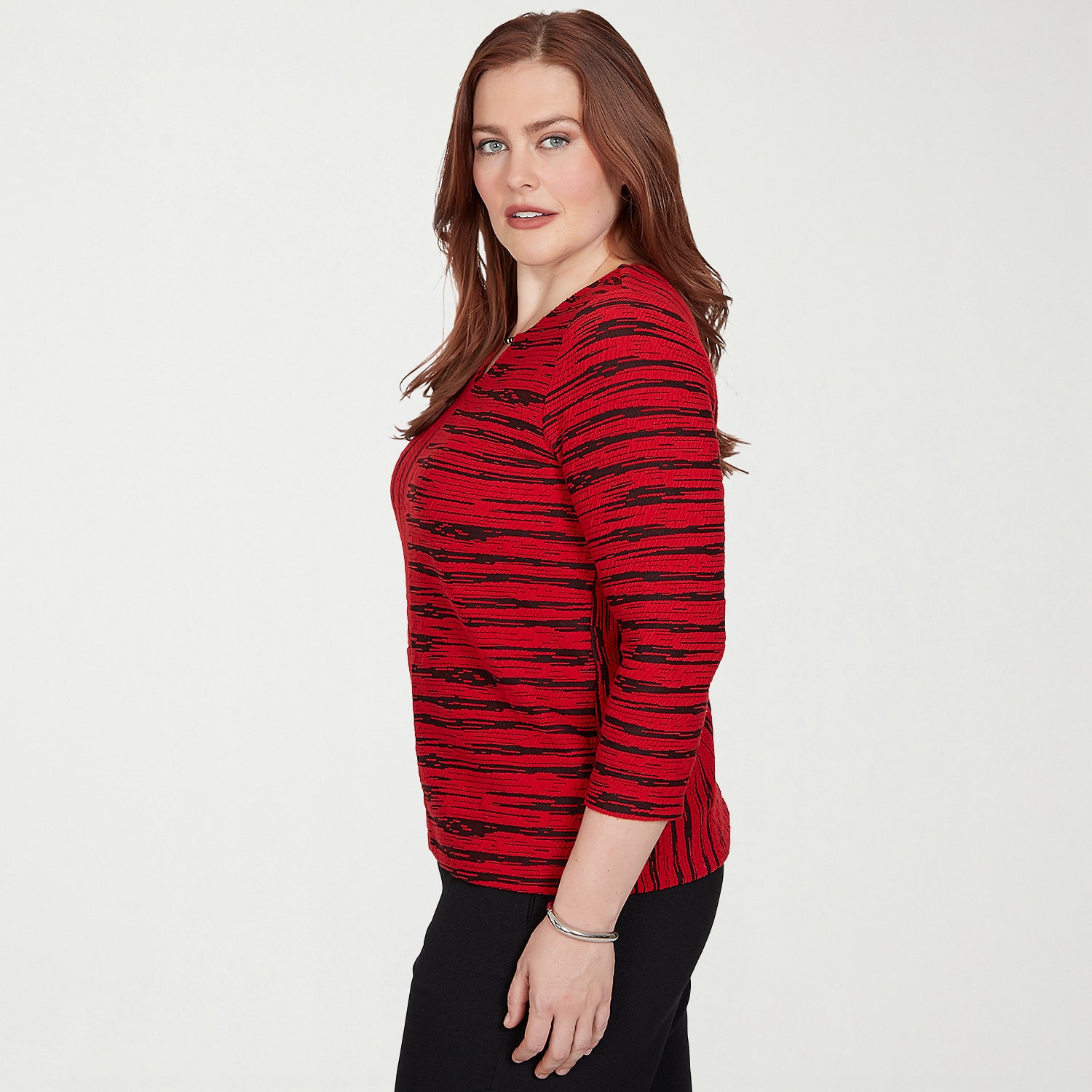 Alfred Dunner Dinner Theater Womens Keyhole Neck 3/4 Sleeve T-Shirt