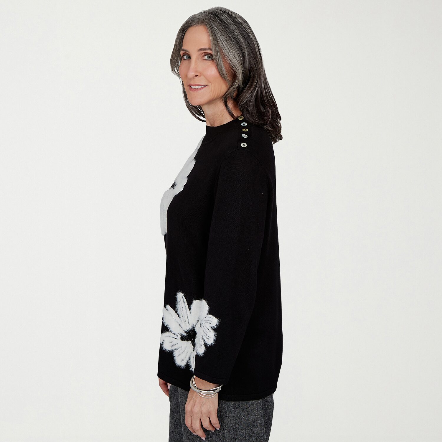 Alfred Dunner Dinner Theater Womens Mock Neck 3/4 Sleeve Floral Pullover Sweater