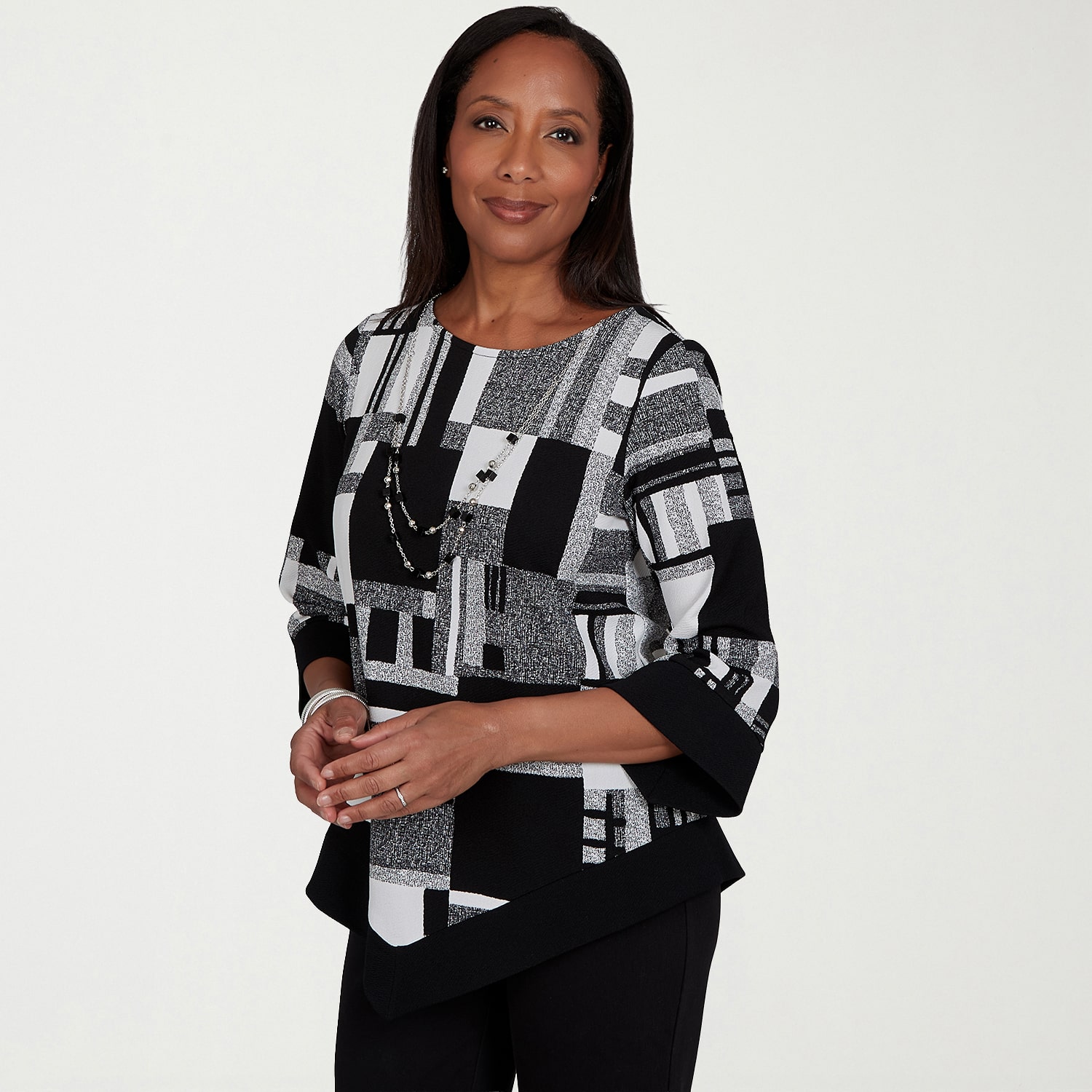 Alfred Dunner Dinner Theater Womens Crew Neck 3/4 Sleeve T-Shirt